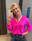 TWNS neon pink long-sleeved v-neck buttoned cardigan
