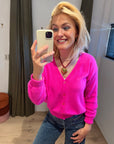 TWNS neon pink long-sleeved v-neck buttoned cardigan